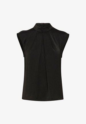 Blusa negra con cuello alto, mangas cortas y diseño frontal plisado. Fabricada con tela suave y con cremallera en la parte posterior.