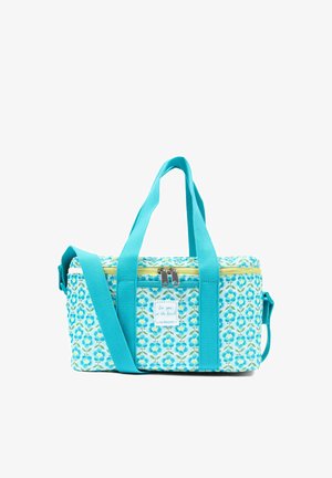 Borsa frigo rettangolare isolata con motivo floreale blu, tracolle turchesi, cerniera gialla e una piccola tasca frontale con etichetta.