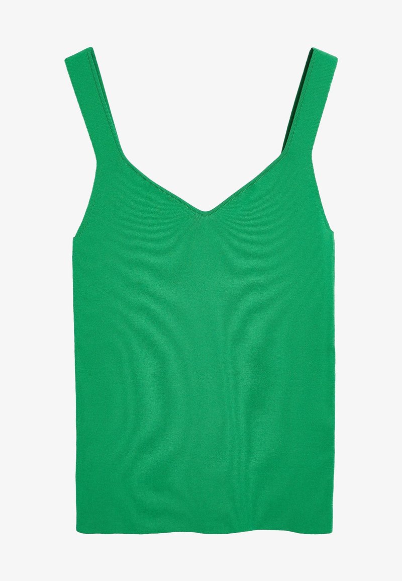 Débardeur vert côtelé avec col en V et fines bretelles, fabriqué dans un matériau extensible. Design simple, sans motifs ni accents.