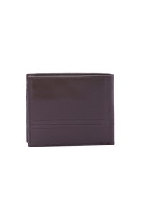 Bruine leren portemonnee, met een bi-fold ontwerp, gladde textuur, met meerdere kaartsleuven en stikdetails langs de randen.