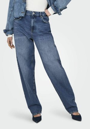 Lavent leveled blue denim jeans med høj talje, med forlommer, knaplukning og let falmet struktur på stoffet.