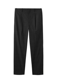 Black tailored trousers with a pleated front, featuring a straight leg design and smooth texture, suitable for formal wear.