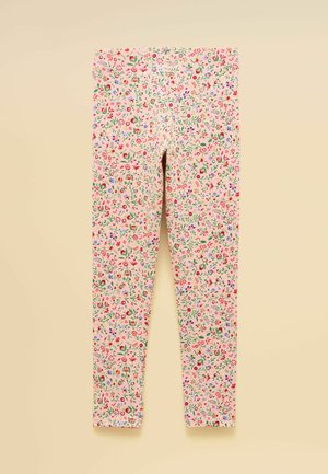 Children’s leggings with a pink background covered in a small multicolor floral pattern including red, green, purple, and blue elements.