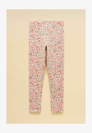 Dětské legíny s růžovým pozadím pokrytým drobným barevným květinovým vzorem zahrnujícím červené, zelené, fialové a modré prvky.