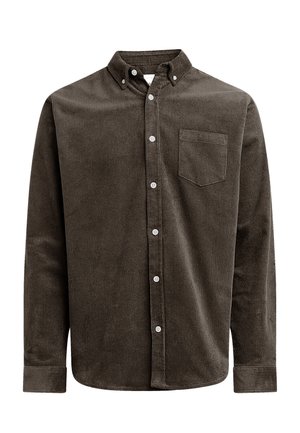 Braune Cordhemd mit Button-Down-Kragen, langen Ärmeln, sechs weißen Knöpfen und eine kleine Brusttasche. Strukturiertes, geripptes Gewebe.