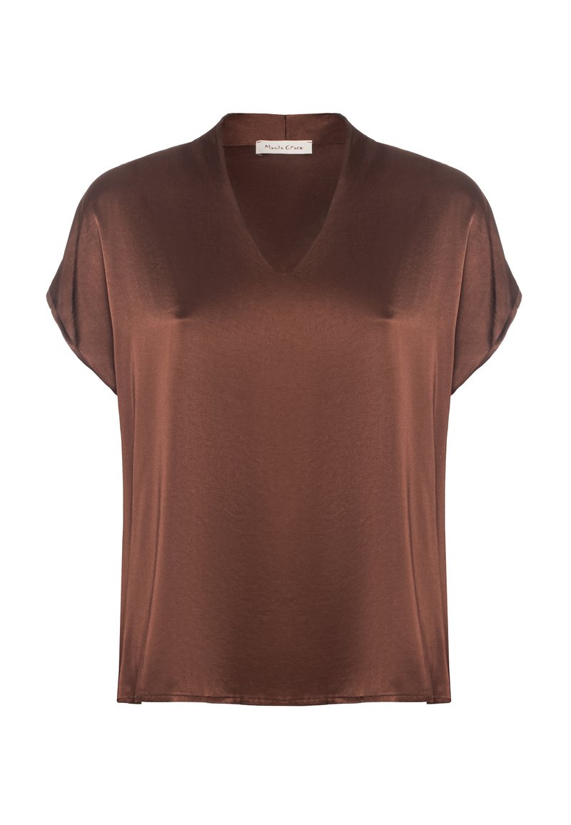 Blusa in satin marrone con scollo a V, maniche corte a dolman e vestibilità rilassata. Tessuto liscio, che cade delicatamente, e un'etichetta sul collo.