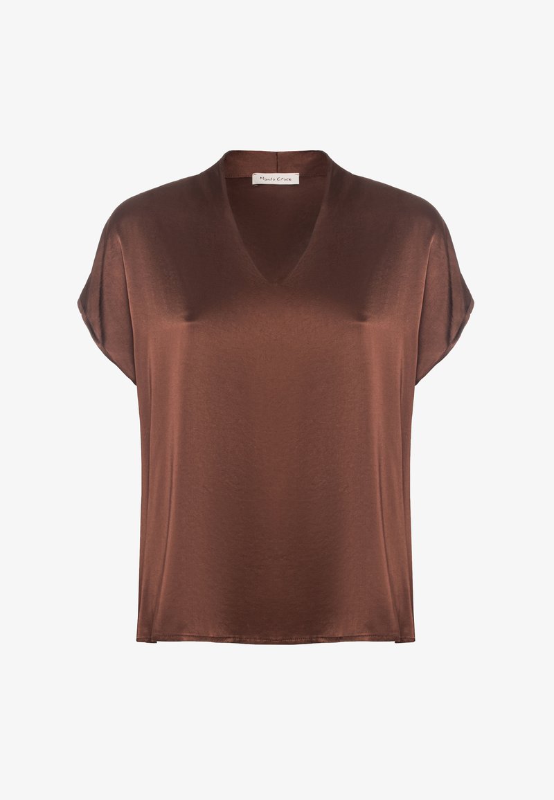 Braune Satinbluse mit V-Ausschnitt, kurzen Dolmanärmeln und lockerer Passform. Glatte Textur, fällt sanft und mit einem Etikett am Hals.
