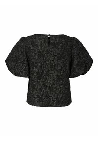 Svart texturerad blus i krinklad tyg, med puffärmar och en nyckelhålsöppning bak. Den har en lös passform och intrikat detaljer.