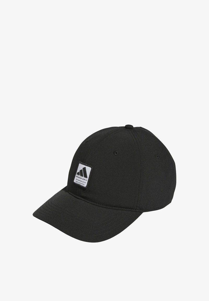 Black baseball cap featuring a curved brim, textured fabric, and a white rectangular logo patch on the front.
