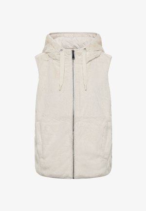 Kamizelka bez rękawów z sztucznego futra w kremowym kolorze, z zamkiem z przodu, regulowanym kapturem ze sznurkiem oraz bocznymi kieszeniami. Miękka tekstura i ciepły fason.