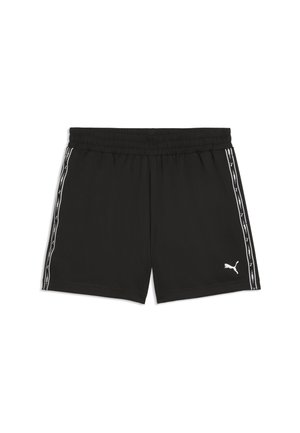 Pantaloncini neri Puma con fascia elastica in vita e strisce bianche marchiate che corrono lungo i lati, con logo Puma sulla gamba sinistra.