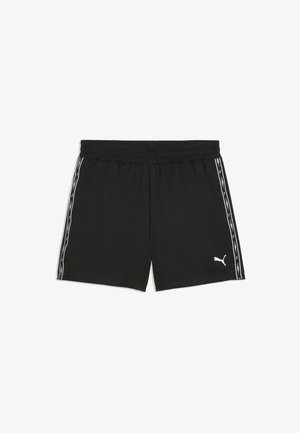 Fekete Puma rövidnadrág elasztikus derékpánttal és oldalán fehér márkajeles csíkokkal, bal lábán Puma logóval.