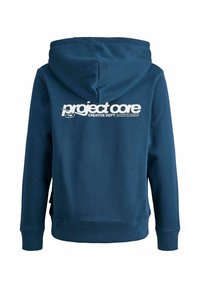 Felpa blu navy con una texture morbida, caratterizzata da un grande logo bianco sul retro e polsini e orlo a coste per una vestibilità aderente.