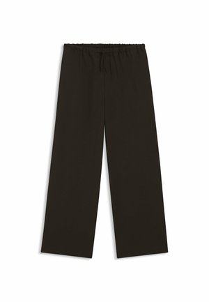 Pantaloni neri a gamba larga con vita elasticizzata e coulisse, distesi su uno sfondo bianco.
