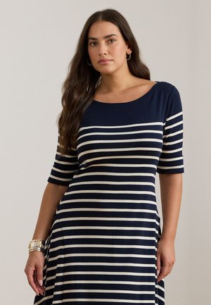STRIPED COTTON RIB-KNIT MIDI DRESS - Jerseykjole - navy/mascarpone cream