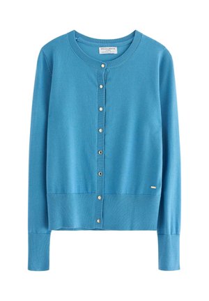 Cardigan azzurro chiaro realizzato in morbido tessuto, con scollatura tonda, chiusura con bottoni, dettagli a costine e maniche lunghe.