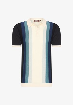 Polo shirt featuring vertical stripes in cream, navy, teal, dark blue, and black; knitted texture; three-button placket; ribbed sleeves.