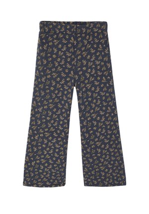 Dark blue wide-leg pants with small beige and green floral patterns evenly covering the fabric.