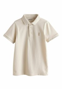 Kortærmet polo i cremefarve, lavet af struktureret stof, med en knapstolpe med to knapper og et lille broderet logo på brystet.