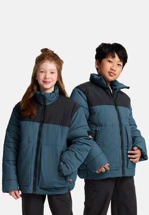 Puffer jackets in teal and black, featuring a zip front, high collar, and side pockets. Soft, quilted texture. Suitable for cold weather.