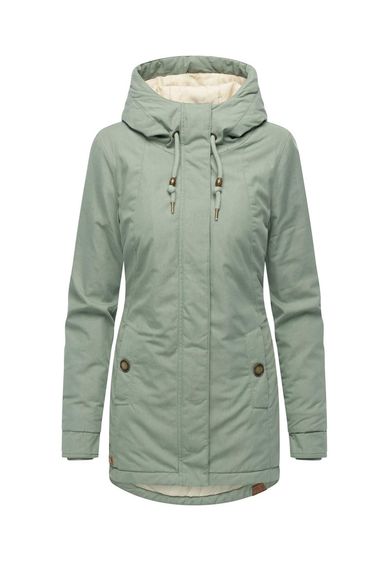 Light green insulated jacket with a hood, drawstring, and dual front pockets. Features a smooth exterior and quilted interior lining.