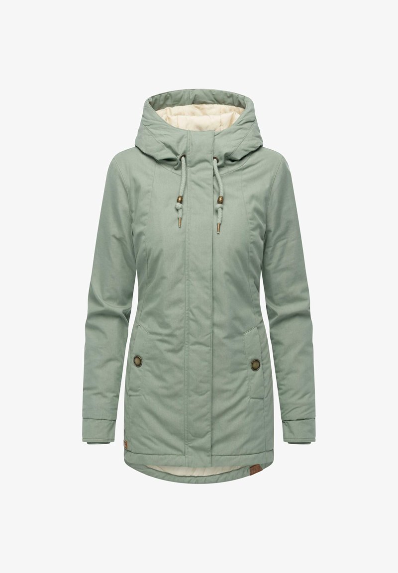 Lichtgroene geïsoleerde jas met een capuchon, trekkoord en dubbele voorzakken. Heeft een gladde buitenkant en een gewatteerde binnenvoering.