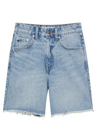 Ljust blå denimshorts med hög midja, klassisk femficksdesign, fransad nederkant och detaljer i kopparknappar på framsidan.