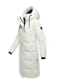 Hvid polstret vinterjakke med hætte, har en frontlynlås, elastiske manchetter og sorte detaljer. Stoffet har en glat, blank overflade.