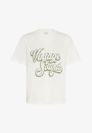 Weißes Baumwoll-T-Shirt mit kurzen Ärmeln, versehen mit einem abgenutzten grünen Grafikdruck, der in stilisierten Buchstaben "Vintage Sound" liest.