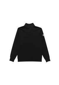 Black pullover with a high collar, long sleeves, and ribbed cuffs. Soft fabric with a small logo patch on the left sleeve. Smooth texture.