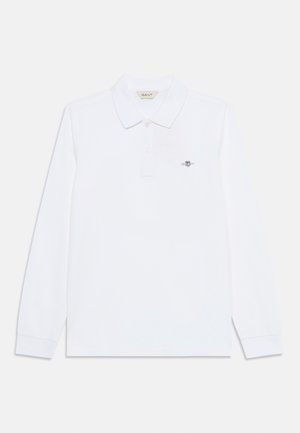 Langärmliges weißes Poloshirt aus Baumwolle mit klassischem Kragen, dreiknöpfiger Knopfleiste und kleinem Logo auf der Brust.