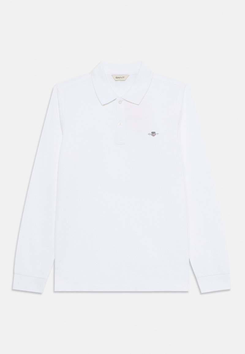 Polo a maniche lunghe bianco in cotone, con colletto classico, patta con tre bottoni e un piccolo logo sul petto.