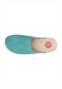 Teal suede clogs with a smooth, rounded toe and an open back. Wooden insole features a red logo. Clean design with a soft texture.