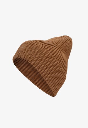 Brą czowa dzianinowa czapka beanie z pionowym prążkowanym wzorem i naszywką z logo na daszku. Wąski kształt, miękki materiał.
