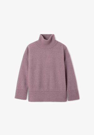 Maglione a collo alto di colore viola chiaro realizzato in morbido tessuto lavorato a maglia. Presenta polsini e orlo a coste, offrendo una forma rilassata e oversize.