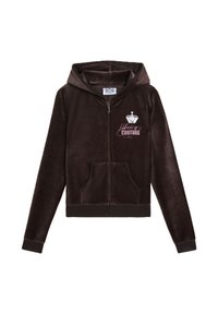 Dunkelbrauner Velours-Zip-Hoodie mit einer frontalen Tasche, Kapuze und dem aufgestickten "Juicy Couture"-Logo mit einer Krone auf der Brust.