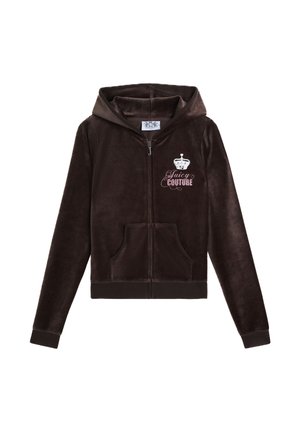 Dunkelbrauner Velours-Zip-Hoodie mit einer frontalen Tasche, Kapuze und dem aufgestickten "Juicy Couture"-Logo mit einer Krone auf der Brust.