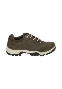 Braune Wildleder- und Textilschuhe mit grauen Schnürsenkeln, ausgestattet mit einer strukturierten Gummisohle und wasserdichtem Design. Genähte Akzente im Obermaterial.