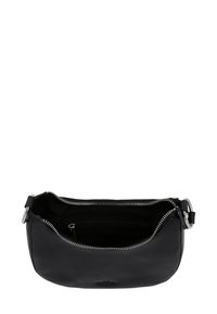 Juodas odinis krepšys su lygiu paviršiumi, kreiviu dizainu, viršutiniu užtrauktuku ir vidine kišenėle. Papuoštas sidabriniais metaliniais akcentais.