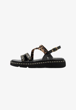 Sandalo platform nero con borchie dorate, cinturino imbottito alla caviglia con stampa leopardata, due cinturini frontali con borchie dorate e fibbia dorata.