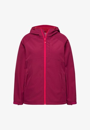 Naisten syvän vaaleanpunainen hupparitakki, jossa on vetoketju edessä, sivutaskut ja säädettävät hihansuut.