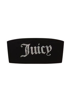 Zwarte stoffen haarband met een met kristallen versierde "Juicy" logo in script. Gladde textuur met een brede bandontwerp voor een veilige pasvorm.