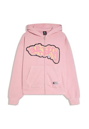 Jasnoróżowa bluza z kapturem zapinana na zamek, z przednimi kieszeniami i kolorowym tekstem w stylu graffiti na piersi, wyposażona w kaptur i ściągacze na mankietach.