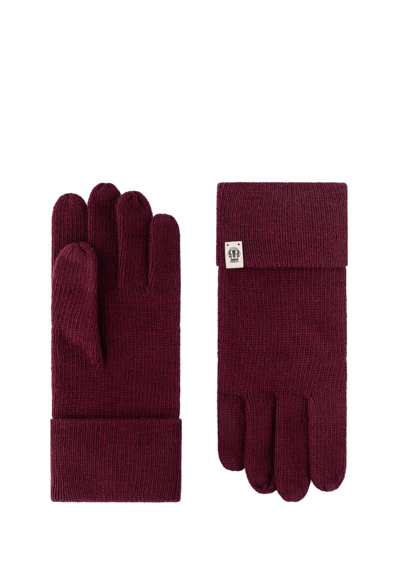 Gestrickte Handschuhe in Burgundy, mit gerippter Textur, umschlagbarem Bündchen und einem kleinen Logosticker im Handgelenkbereich.