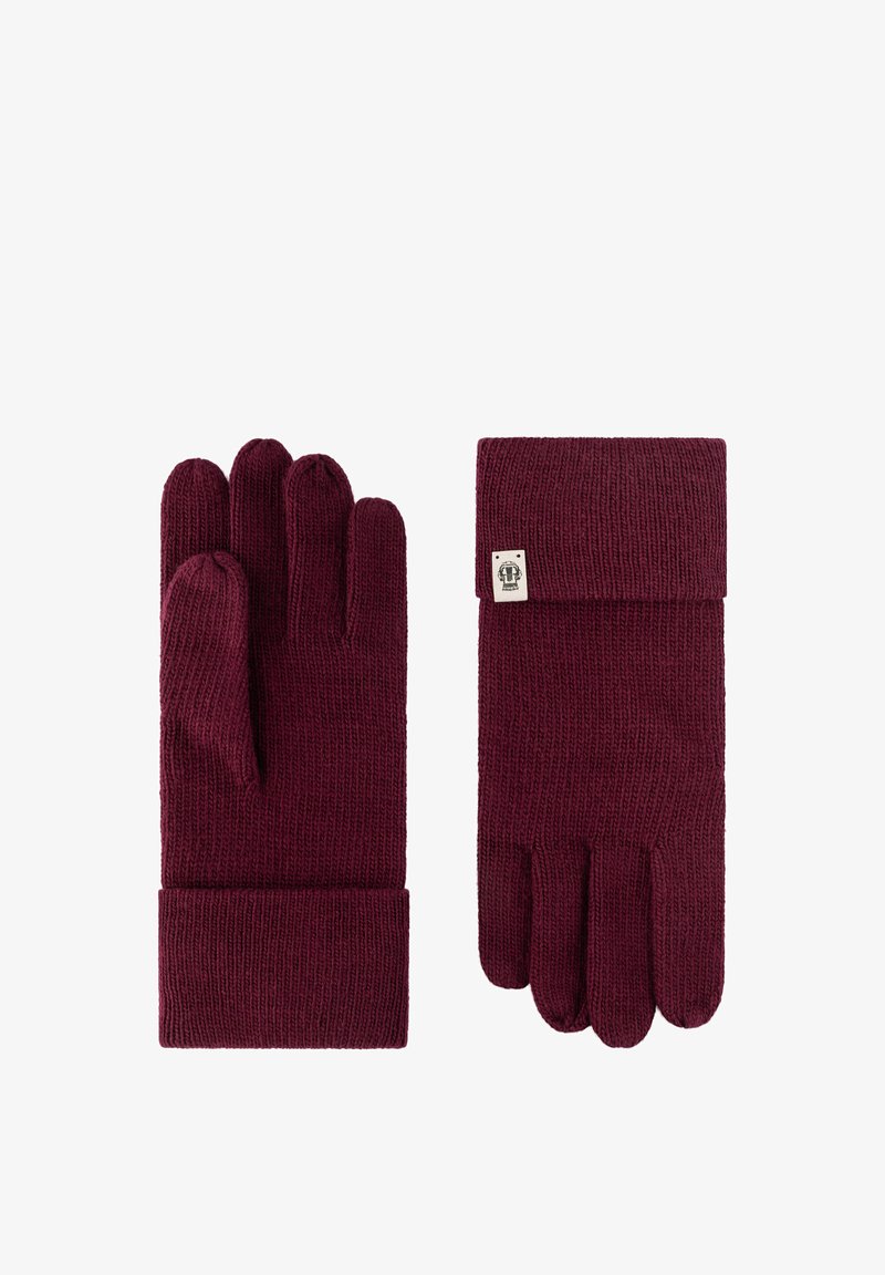 Knitted gloves in burgundy, featuring a ribbed texture, foldable cuff, and a small logo tag on the wrist area.