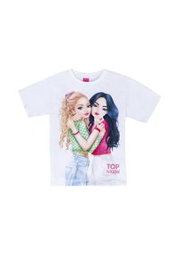 T-shirt bianco a maniche corte con grafica di due ragazze con capelli ricci e lisci. Il testo recita "TOP Model" con accenti colorati.
