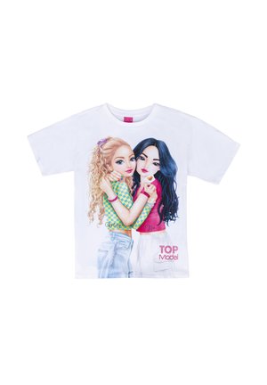 Weißes Kurzarm-T-Shirt mit Grafik von zwei Mädchen, eines mit lockigem und das andere mit glattem Haar. Der Text lautet "TOP Model" und ist mit bunten Akzenten versehen.