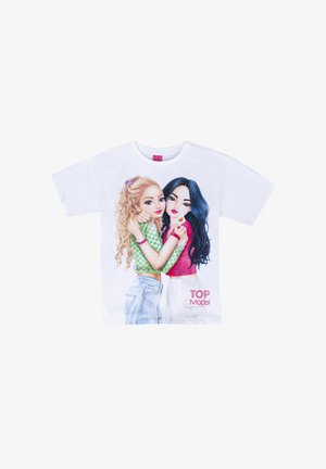 T-shirt bianco a maniche corte con grafica di due ragazze con capelli ricci e lisci. Il testo recita "TOP Model" con accenti colorati.