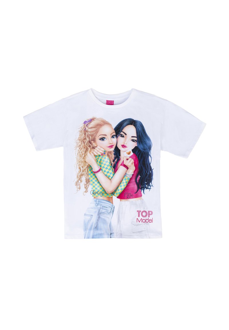 T-shirt bianco a maniche corte con grafica di due ragazze con capelli ricci e lisci. Il testo recita "TOP Model" con accenti colorati.