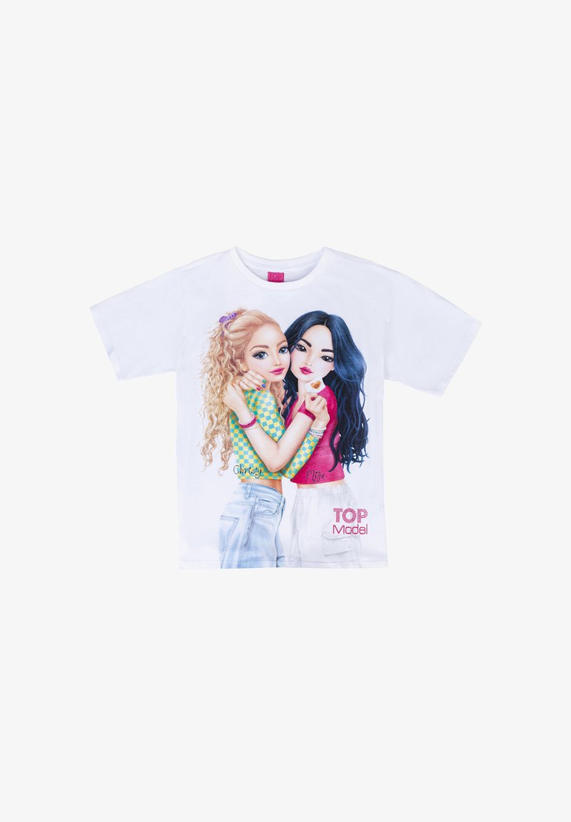 T-shirt bianco a maniche corte con grafica di due ragazze con capelli ricci e lisci. Il testo recita "TOP Model" con accenti colorati.